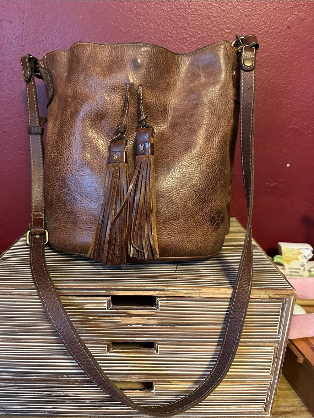 Patricia Nash Brown Leather Tassel Bucket Shoulder Bag